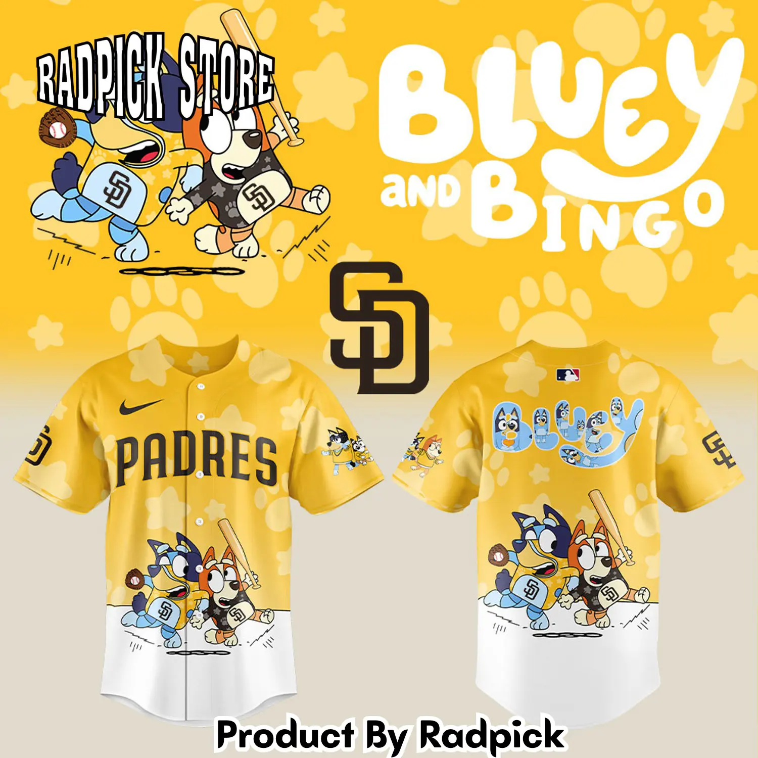 Radpick san diego padres bluey and bingo yellow baseball jersey rp127175